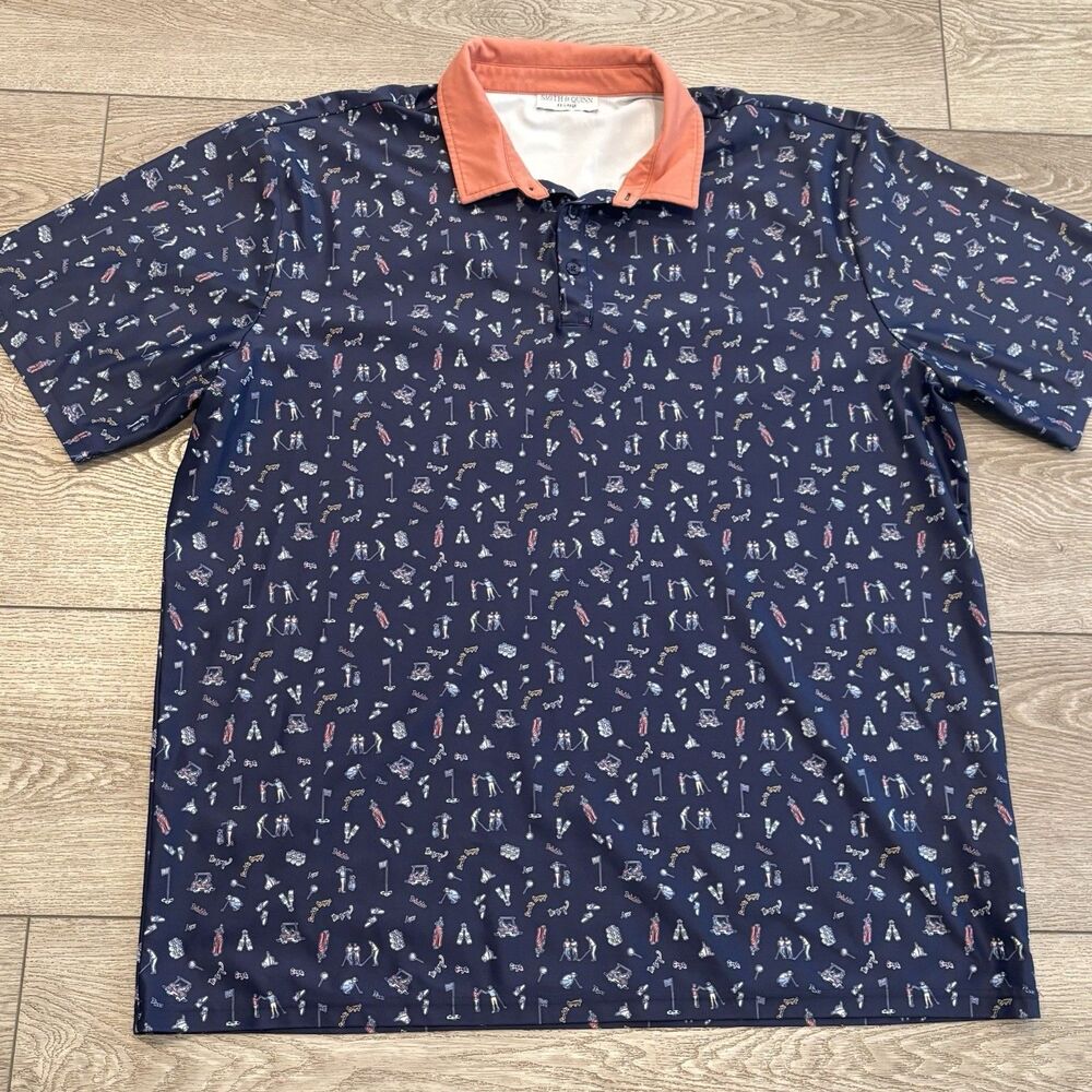 Smith & Quinn Polo Shirt Mens Xxl Bogeys All Over Print Pattern Blue Graphic